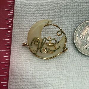 Crescent Moon Brooch Mother of Pearl w/ gold tone wire overlay